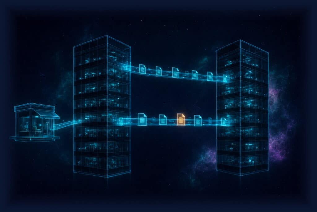 B2B-B2C integration: two glass office towers linked by bridges of light carrying documents in both directions, with a small storefront connected to the flow