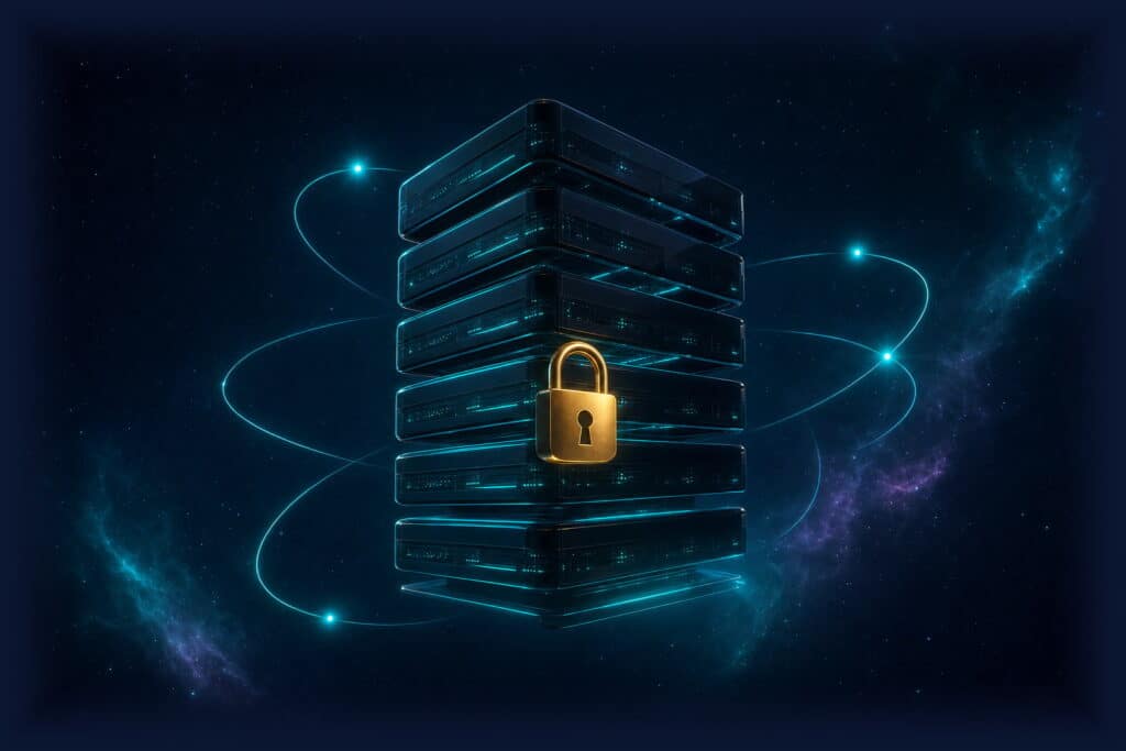 cPanel hosting on GOLINE servers: stack of glass server blades with glowing teal circuitry, orbital rings of light linking to distant points, and a golden padlock in front