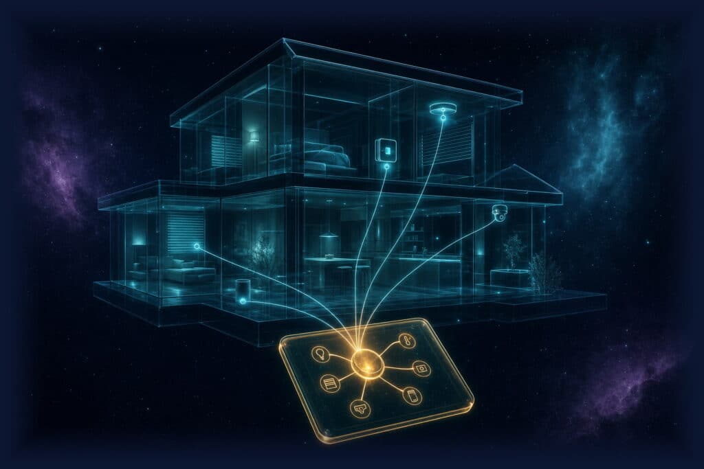 Domotics: translucent glass house with lit rooms, its lights, blinds, thermostat, camera and speaker linked by threads of light to one golden control panel
