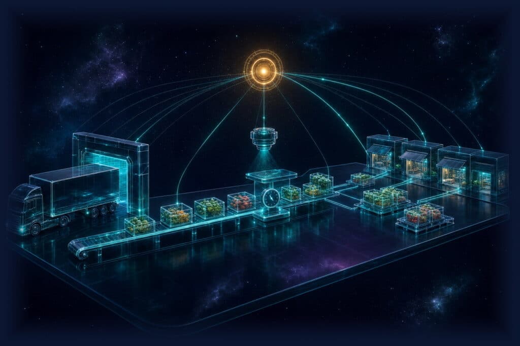 Glass logistics platform in space: a truck docking at a gate, crates of produce on a conveyor passing a scale and a quality lens, pallets bound for storefronts, all linked to a golden control node