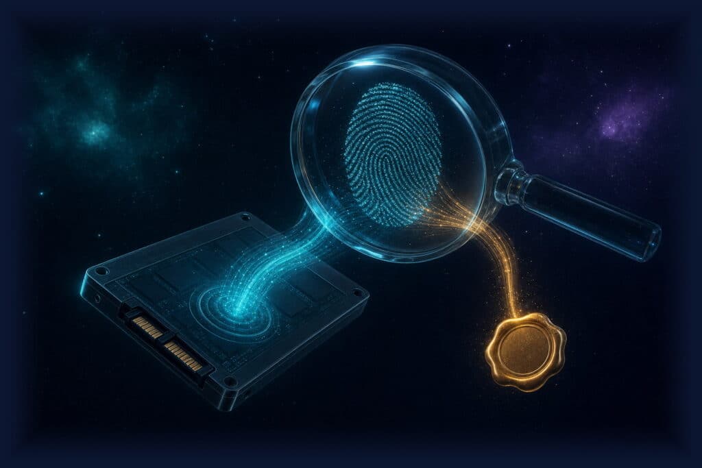 Digital forensics: glass magnifying lens revealing a glowing fingerprint of data above a solid-state drive, sealed with a golden wax seal