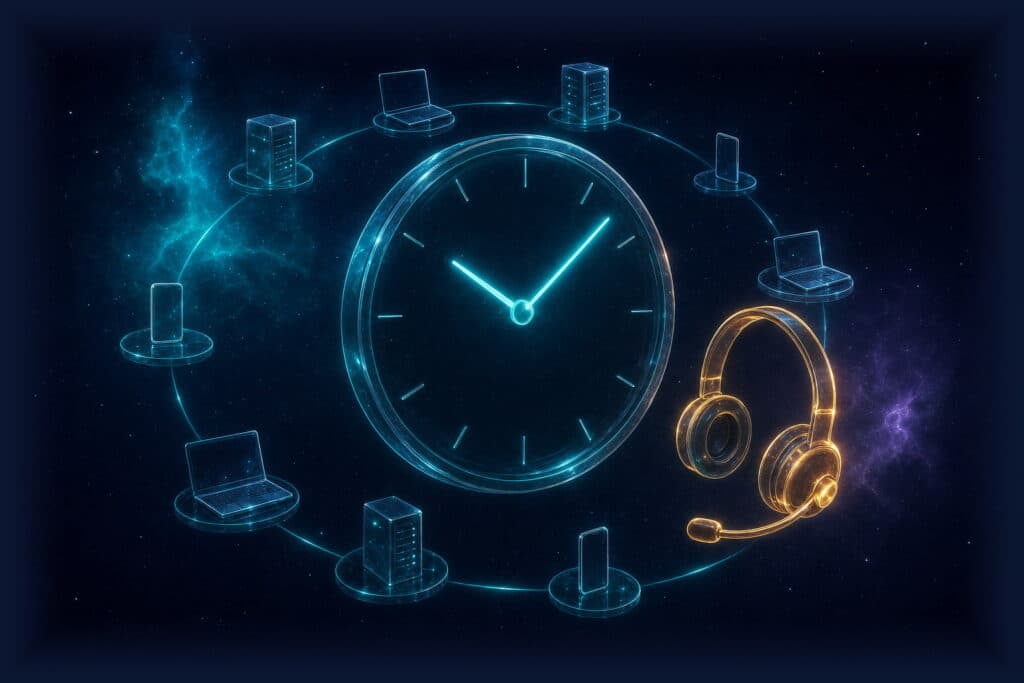 24/7 IT support: glass clock face with teal hands, surrounded by a ring of small glass laptops, servers and phones, and a golden headset