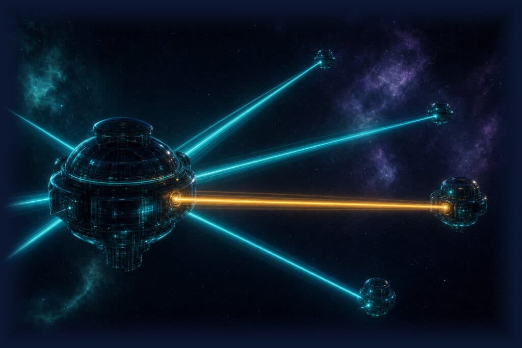 Networking services: dark glass core router in space with beams of teal light fanning out to distant exchange hubs, the primary route glowing gold