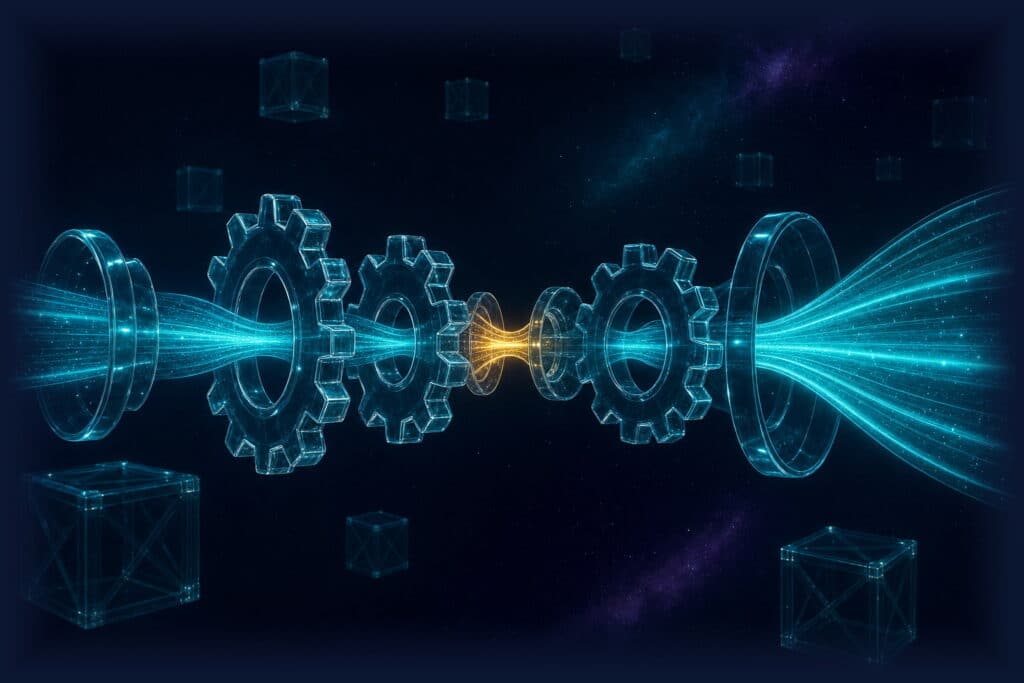 Process analysis: stream of teal light flowing through glass gears, narrowing into a golden bottleneck and exiting wide and smooth, with glass crates floating around