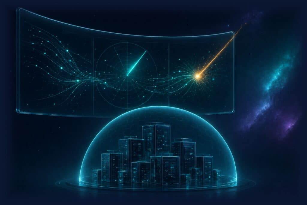 IT security: curved glass console showing threat traces and a radar sweep above a shield dome protecting a cluster of glass servers, one golden point where an attack was blocked