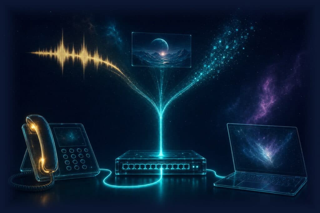Cisco IP telephony: glass desk phone with a golden handset and a laptop both wired to one glass switch, with a voice waveform, a video frame and data particles merging into the same cable