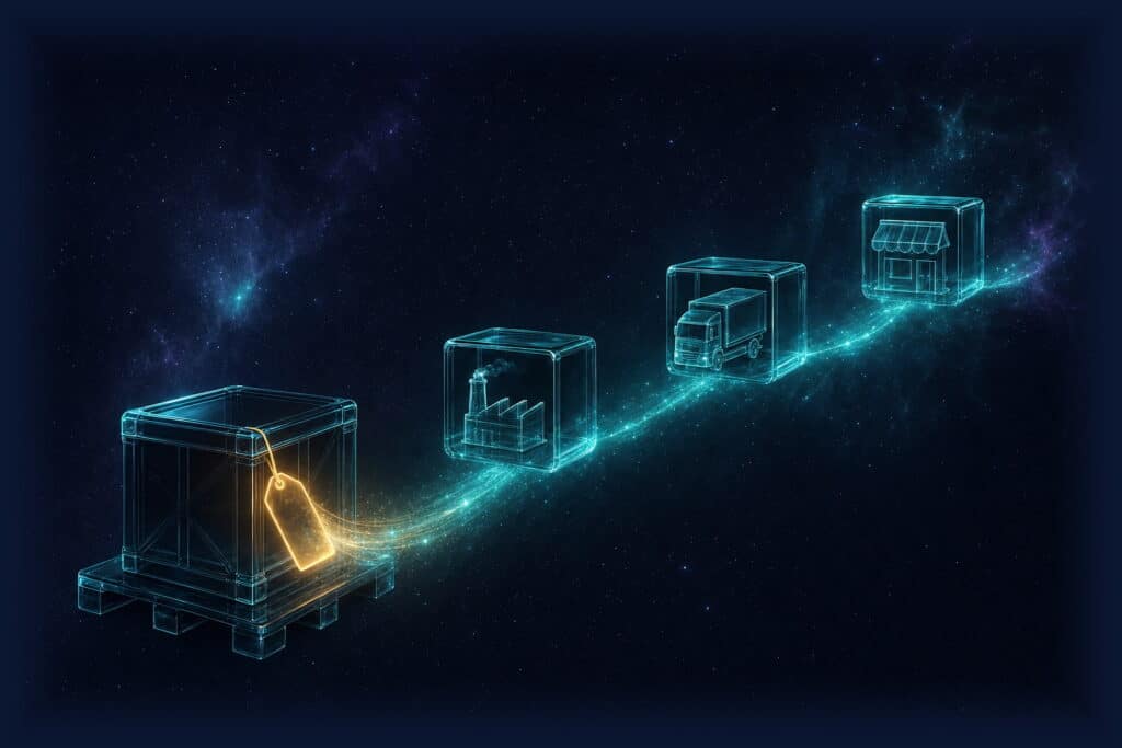 Traceability: glass crate on a pallet with a golden tag, leaving a trail of teal light through a factory, a truck and a storefront in deep space