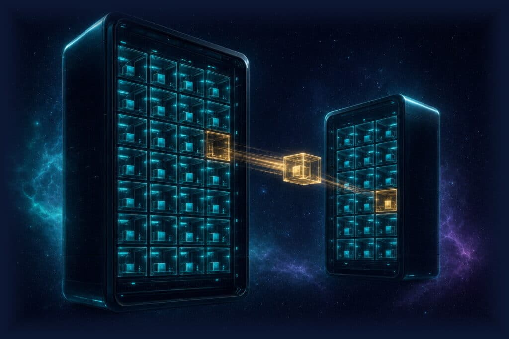 Server virtualisation: large dark glass server with a grid of glowing compartments, one golden compartment being lifted out and floated to a second server