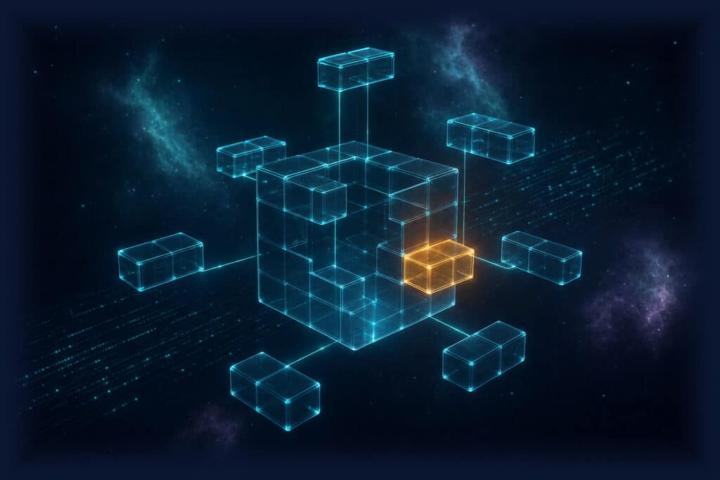 Custom software development: glass cube being assembled from glowing modular bricks floating into place along lines of teal light, one brick glowing gold