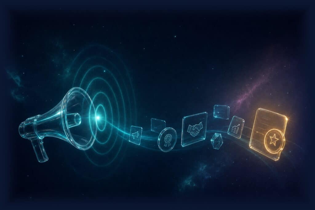GOLINE news: glass megaphone emitting rings of light with a trail of announcement cards and badges along a timeline, the newest card glowing gold