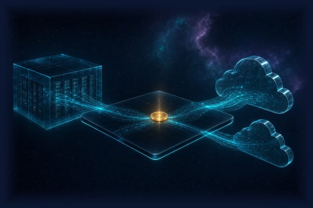 Dark glass data platform with the same glowing data fabric flowing from a data-centre block into two glass clouds, a golden control node at the centre