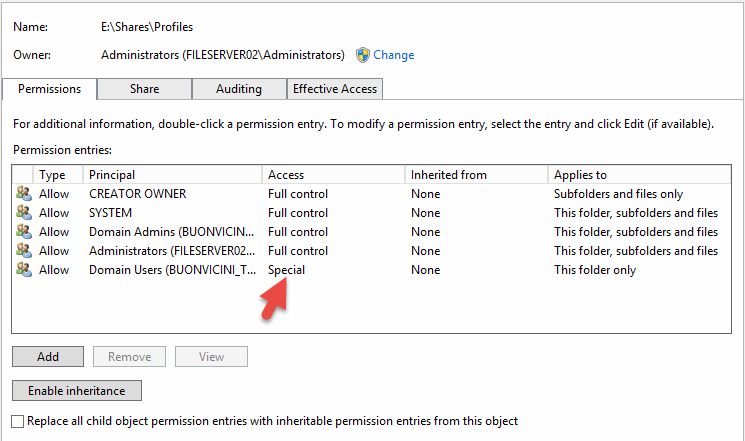 Impostazione permission per cartella padre profili su Windows 3 Impostazione permission per cartella padre profili su Windows 1