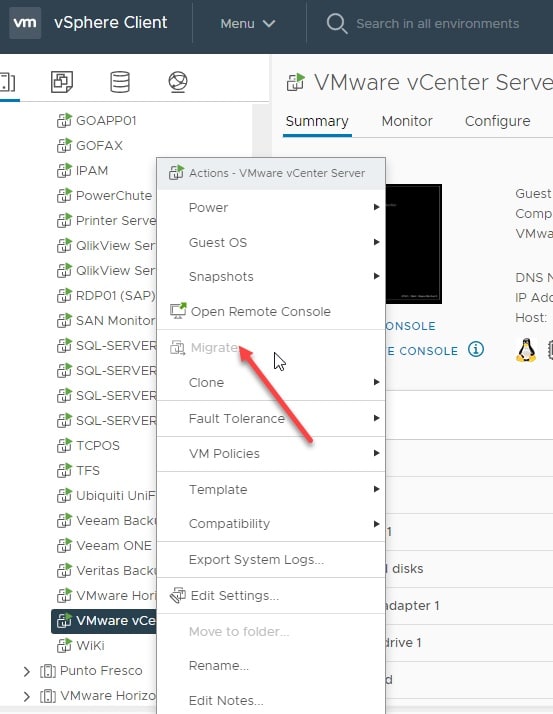 VMware vCenter: impossibile migrare una VM &egrave; grigio il comando "Migrate" 1